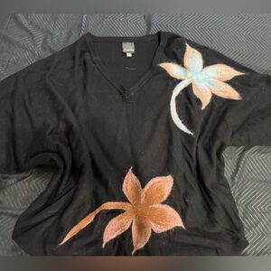 Black V-Neck Sweater with Floral Design